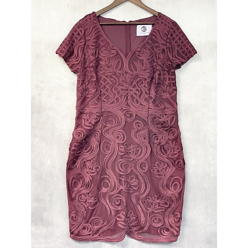 JS Collections Embroidered Soutache Sheath Dress Women 16W Burgundy Formal